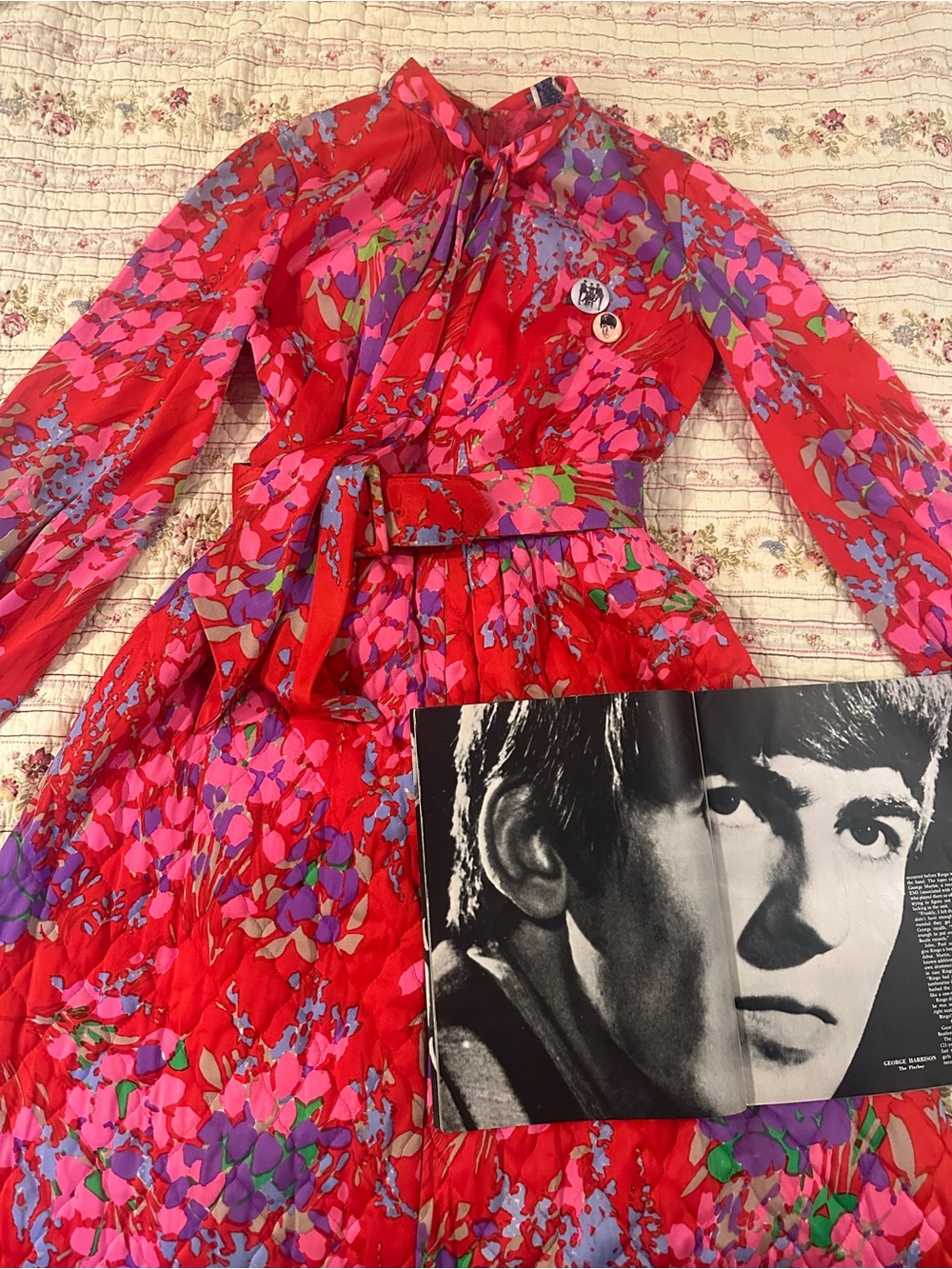 True Vintage 60s 70s Psychedelic Dayglo Floral Hostess Maxi Dress I.Magnin XXS